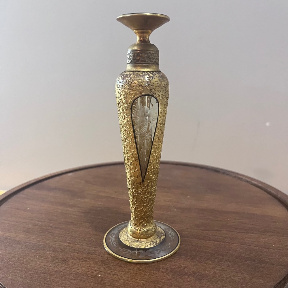Vtg DeVilbiss Art Deco Gold Encrusted Etched Glass‎ Perfume Bottle Dauber 6.25"